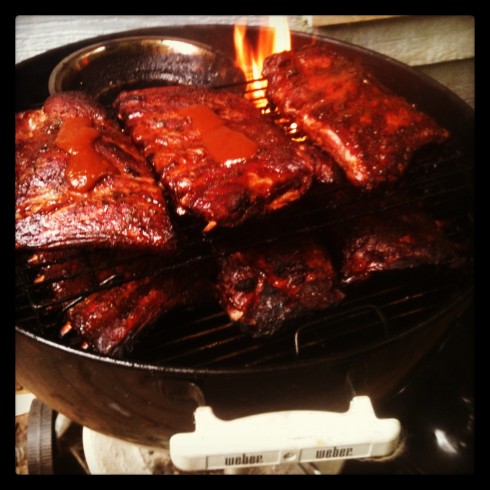 If grease (or, melted fat) touches fire, flare-ups are sure to follow.  Manage your ribs carefully, folks.